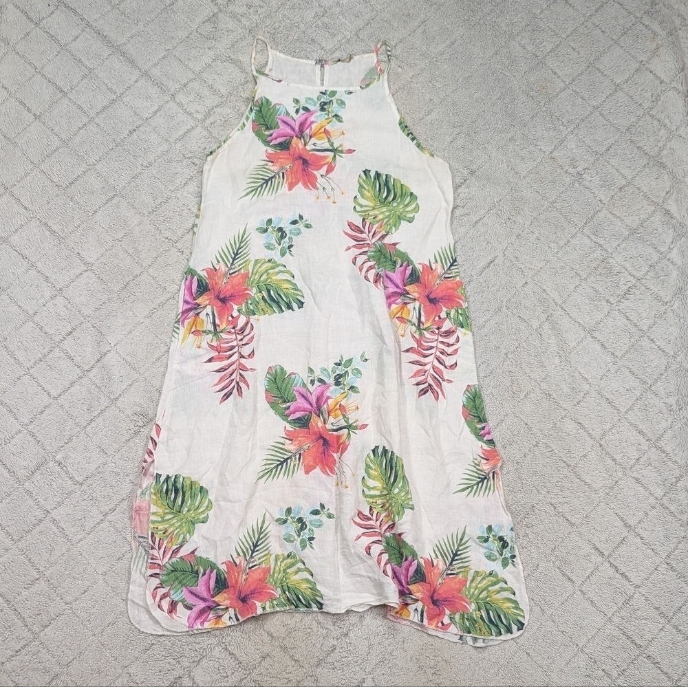 Lungo Larno Dress Dress Womens L White Floral Linen Beach Midi Sleeveless Coast - Picture 1 of 9